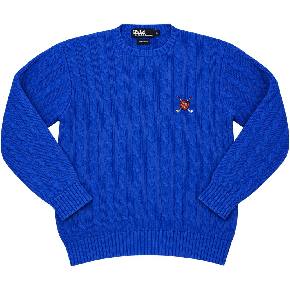 Y2K Polo Ralph Lauren Mens Blue Cable Knit Cotton Golf Crest Sweater Large Vtg